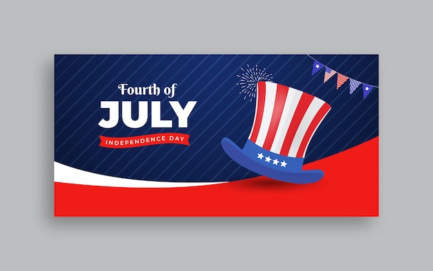Copertina banner del 4 luglio con bandiera americana e fuochi d'artificio per il Giorno dell'Indipendenza