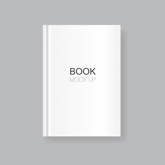 copertina del libro bianco bianco isolato su sfondo grigio. Modello realistico chiuso libro verticale, rivista o notebook per la progettazione. Nella parte anteriore del libro.