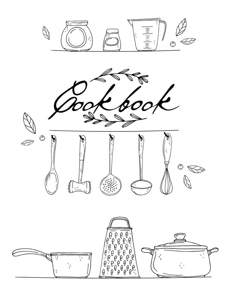 Vettore copertina del libro di cucina con spezie da cucina disegnate a mano e scritte su sfondo bianco