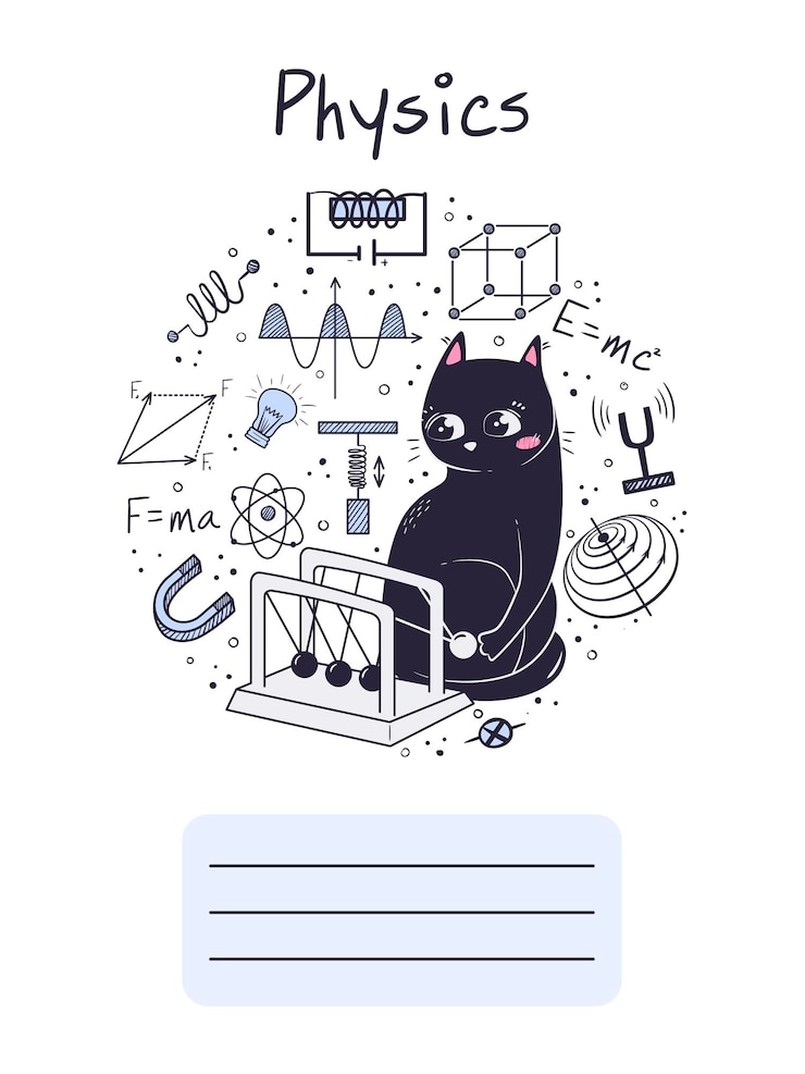 Vettore copertina della cartella di lavoro per la fisica delle materie scolastiche con un simpatico gatto