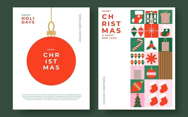 Copertina di cartellone di auguri di Buon Natale in stile geometrico moderno in colori verde rosso rosa per i saluti di stagione pubblicità stampa vendite modelli di progettazione di layout Xmas trendyx9