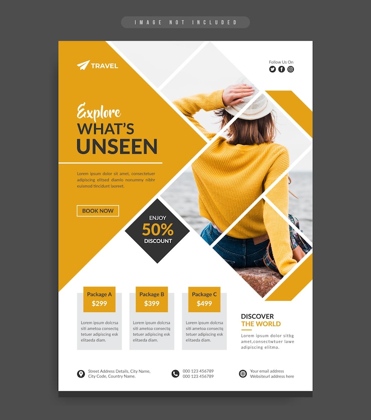 Vettore copertina di volantino o opuscolo di marketing per le imprese di viaggio e il turismo mondiale con logo e icona dei social media
