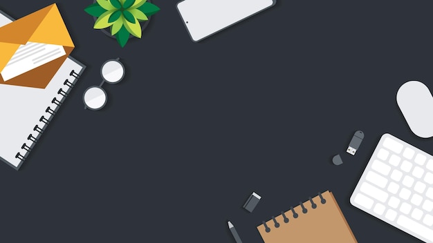 Copertina e banner della scrivania da lavoro con gadget Vista dall'alto del tavolo da lavoro e spazio libero per il testo