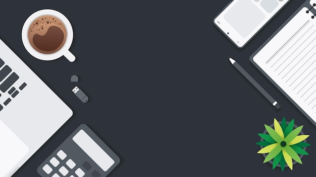 Copertina e banner della scrivania da lavoro con gadget Vista dall'alto del tavolo da lavoro e spazio libero per il testo