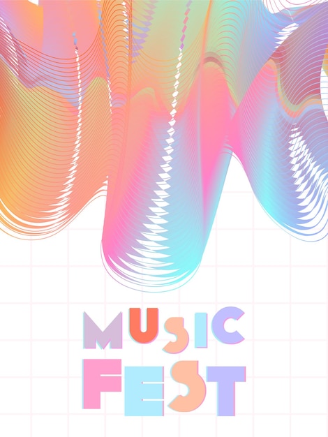 Copertina musicale nei colori blu, viola, rosa, verde. Volantino del concerto scolastico. Brochure dalla linea minimale. Disposizione delle onde sonore. Copertina audio geometrica. Annunci di partiti mediatici. Modello d'onda vintage.