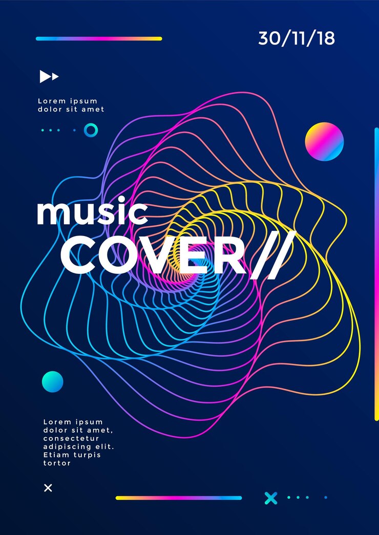 Vettore copertina musicale o poster design. volantino sonoro con onde di linea sfumata astratta.