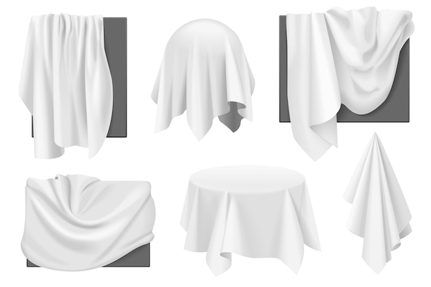 Copertine di stoffa bianca su oggetti con set di drappeggi 3D presentazione segreta isolata realistica