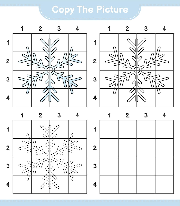 Vettore copia l'immagine, copia l'immagine di snowflake usando le linee della griglia. gioco educativo per bambini, foglio di lavoro stampabile, illustrazione vettoriale