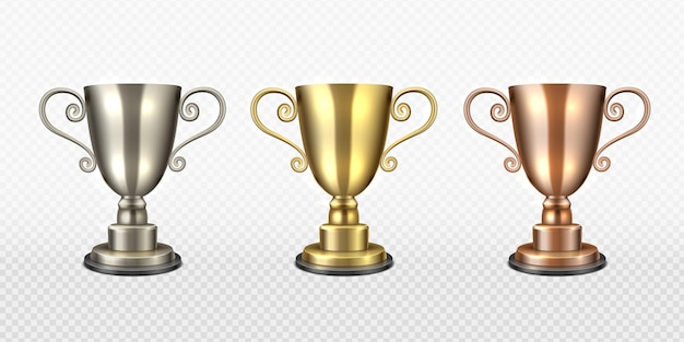 Coppa del trofeo oro argento e bronzo Il campione realistico premia il primo secondo terzo posto vincitori del campionato sport d'oro o cerimonia di premiazione musicale simbolo del set vettoriale di leadership