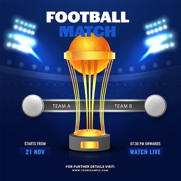 Coppa del trofeo vincente d'oro della squadra partecipante A VS B su sfondo blu dello stadio per il concetto di partita di calcio