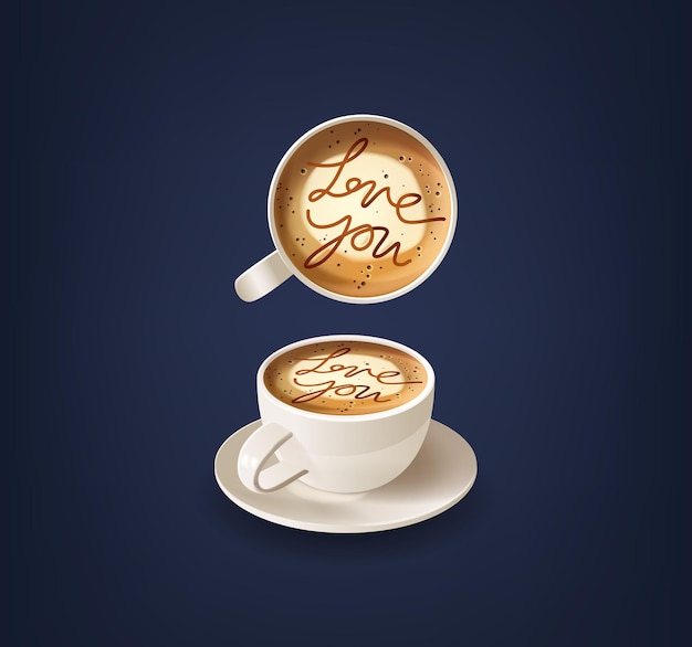 Coppa di caffè adornata con l'iscrizione "Ti amo" sulla schiuma deliziosa miscela di caffè e affetto