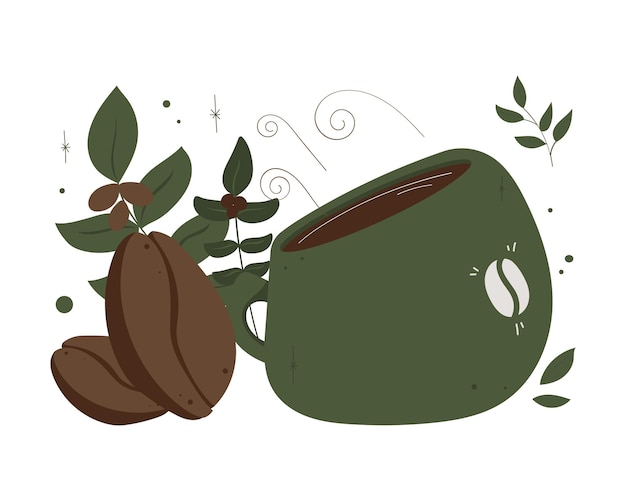 Coppa di caffè con chicchi di caffè e foglie illustrazione vettoriale