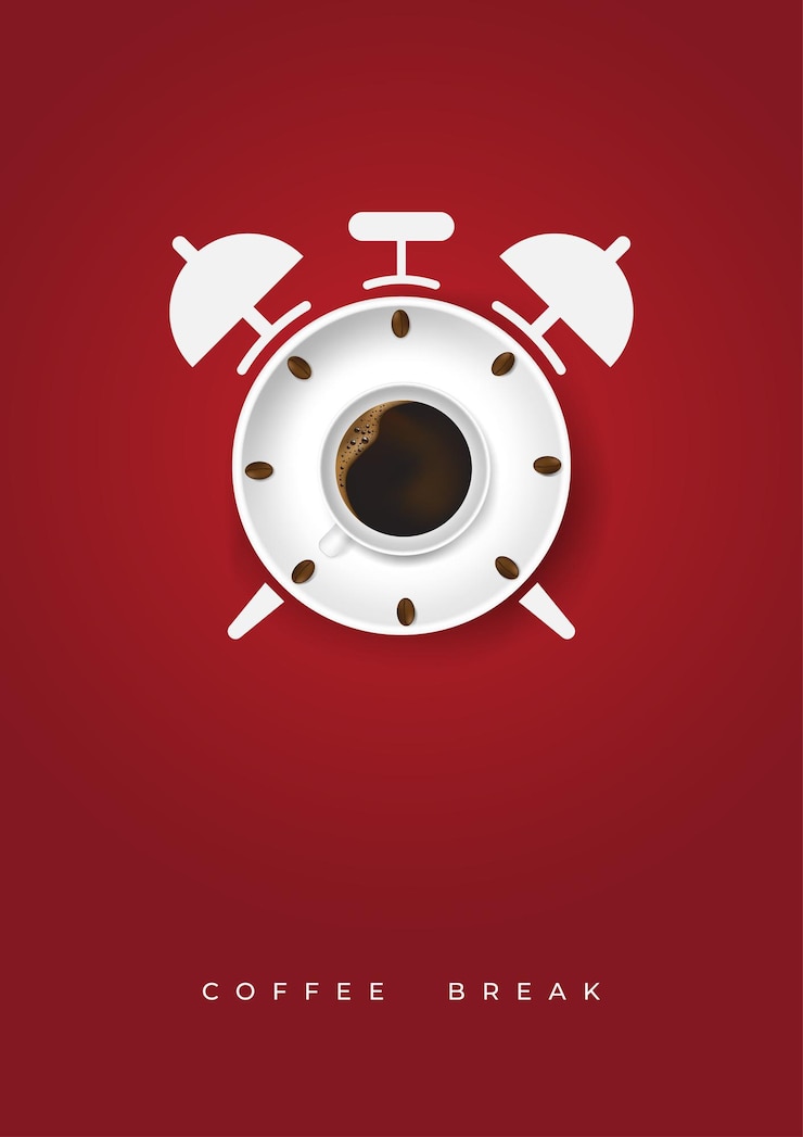 Vettore coppa di caffè e chicchi di caffè realistici con concetto di orologio di tempo disegno minimale poster pubblicitario flayers vettoriale illustrazione top view