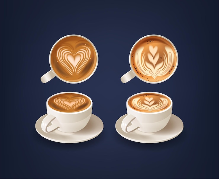 Vettore coppe da caffè con disegni in schiuma con disegni artistici di cuore e foglie