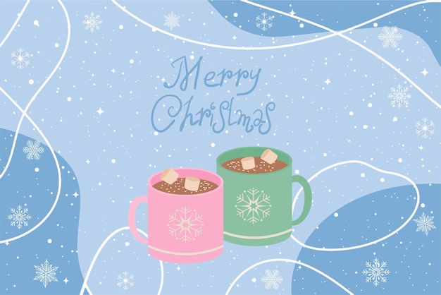 Coppe di Natale con cacao caldo o crema da caffè su sfondo blu Possono essere utilizzate per biglietti di auguri inviti a feste manifesti o adesivi vettoriali