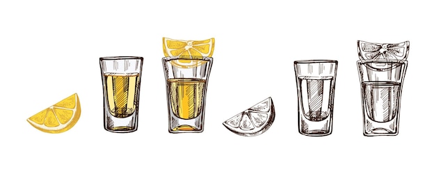 Coppi da shot colorati e monocromatici disegnati a mano con tequila con fette di lime Set di elementi di design