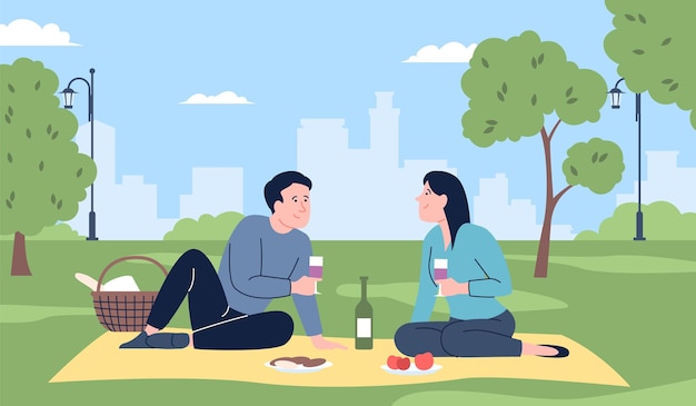 Coppia a picnic Giovane uomo e donna che mangiano e bevono all'aperto Fidanzarsi in natura Riposo stagionale e ricreazione Piatta scena vettoriale recente