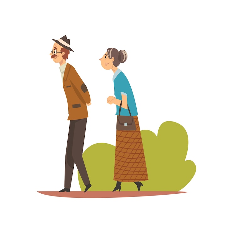 Vettore coppia anziana che cammina nel parco un uomo e una donna anziani che si godono la natura all'aperto illustrazione vettoriale su sfondo bianco