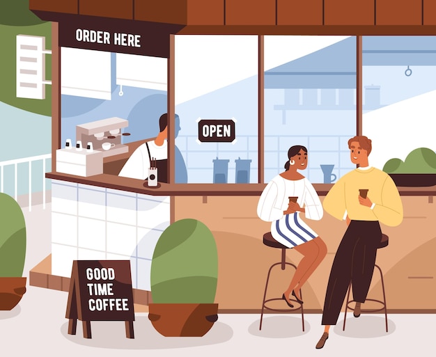 Coppia d'amore che beve caffè, seduto sulla sedia vicino al chiosco del coffeeshop. Uomo e donna in data estiva con tazze da asporto all'aperto. Amici che si incontrano, parlano in una strada cittadina. Illustrazione vettoriale piatta