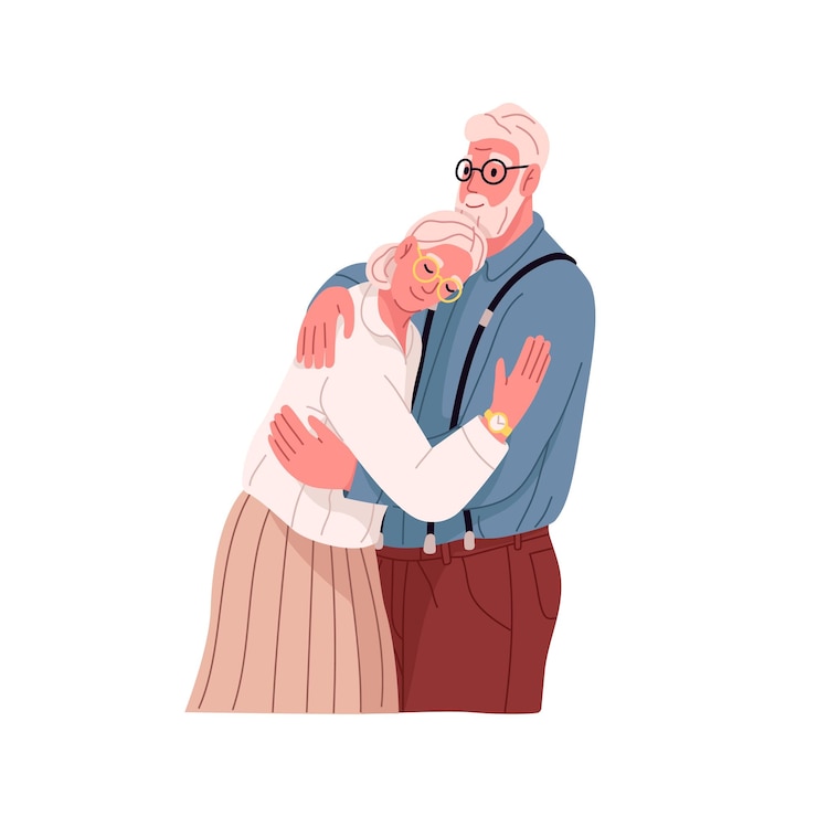 Vettore coppia di amore senior di uomo e donna marito e moglie anziani felici che abbracciano insieme vecchi partner romantici che abbracciano illustrazione vettoriale piatta di due amanti invecchiati isolati su priorità bassa bianca