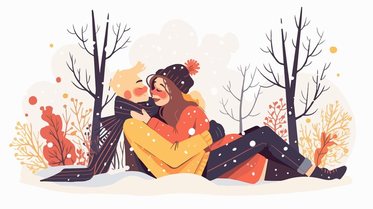 Vettore coppia di anziani romantici che si abbracciano nella foresta invernale il giorno di san valentino