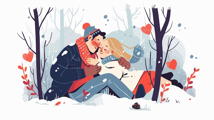 Vettore coppia di anziani romantici che si abbracciano nella foresta invernale il giorno di san valentino