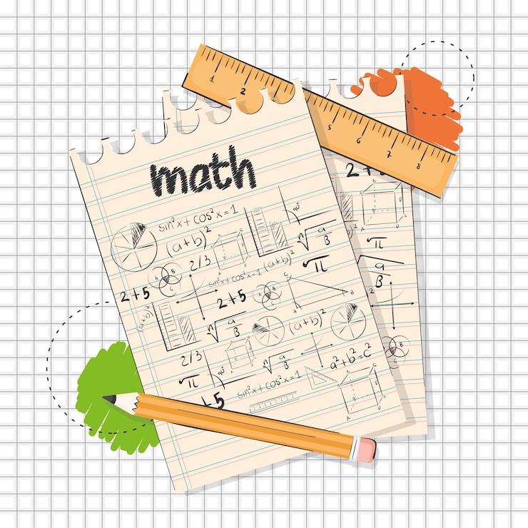 Vettore coppia di documenti con formule matematiche e un righello e una matita concetto di classe matematica illustrazione vettoriale