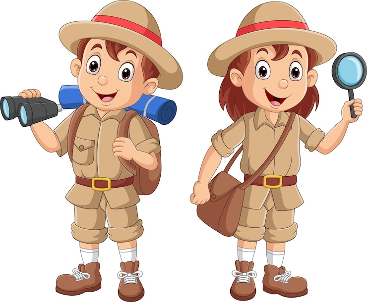 Vettore coppia di esploratori di cartoni animati con una lente d'ingrandimento e un binocolo