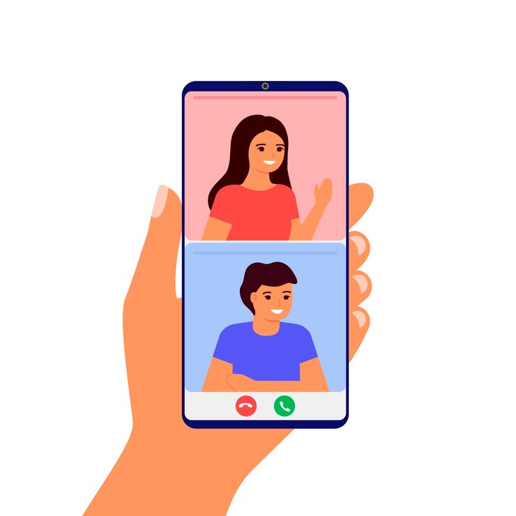 Vettore coppia di innamorati incontra distanza in videochiamata online su smartphone. comunicazione remota uomo e donna tramite internet da casa. mano che tiene smartphone. comunicazione con amore, appuntamenti. san valentino.