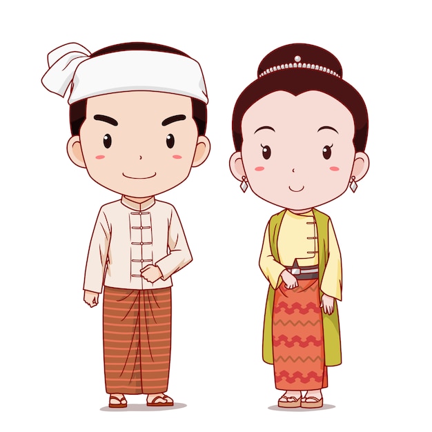 Coppia di personaggi dei cartoni animati in costume tradizionale del Myanmar.