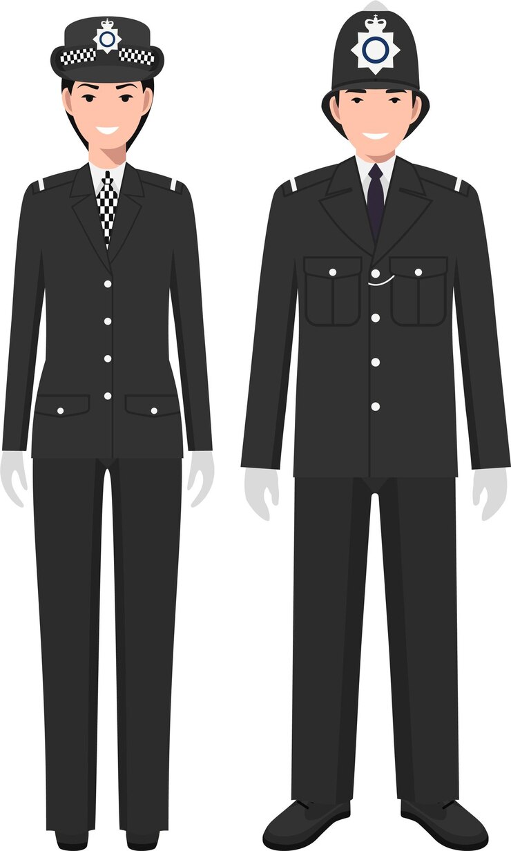 Vettore coppia di poliziotti britannici in uniforme tradizionale