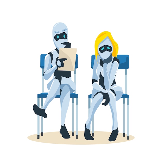 Coppia di robot Sedersi sulla sedia Attendere Job Interview