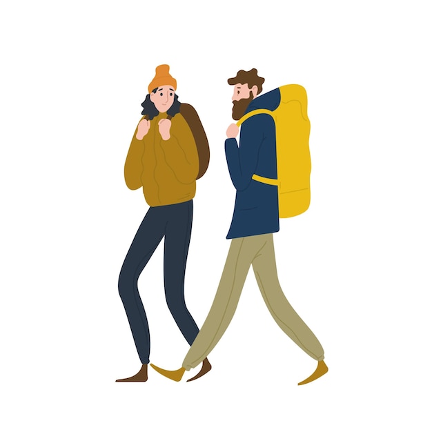 Coppia di simpatici backpackers che camminano insieme. Fidanzato e fidanzata che fanno escursionismo o zaino in spalla nella natura. Turisti o escursionisti maschi e femmine in viaggi d'avventura. Piatto del fumetto colorato illustrazione vettoriale.