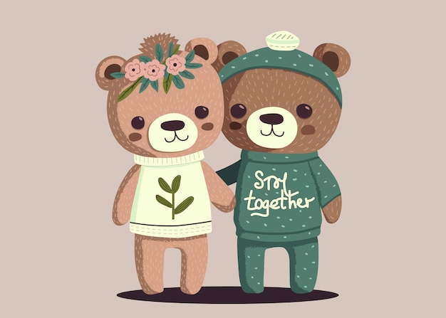 Coppia di simpatici orsacchiotti giocattolo moda stampa disegno vettoriale illustrazione e slogan sui vestiti