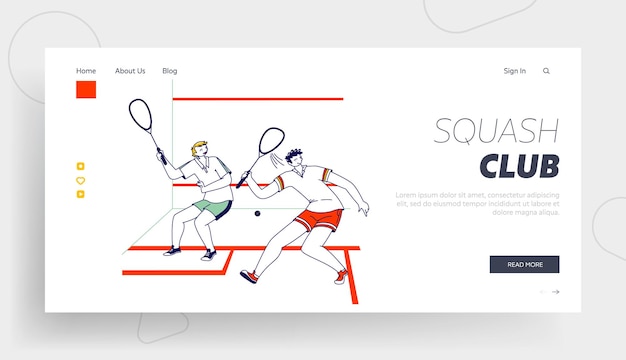 Coppia di sportivi che giocano a squash modello di pagina di destinazione. Personaggi maschili Allenamento sportivo o competizione o tempo libero, hobby sportivo, persone giocano a giochi sportivi sul campo da tennis. Illustrazione vettoriale lineare