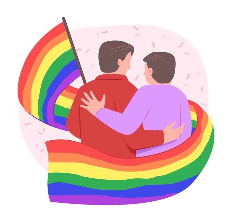 Vettore coppia di uomini gay con la bandiera dell'arcobaleno lgbt per la celebrazione dell'orgoglio gay