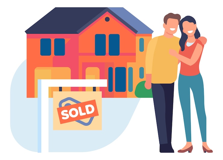 Vettore coppia felice compra casa acquisto immobiliare