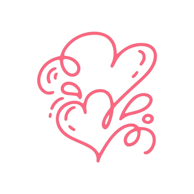 Coppia monoline Red Vector Valentines Day Calligrafico disegnato a mano due cuori Holiday Design element