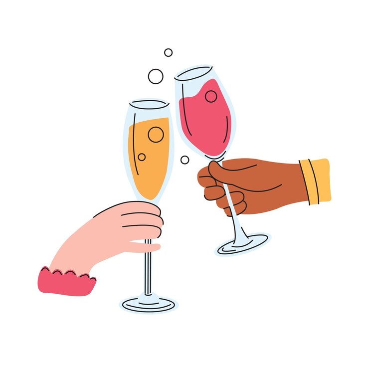 Coppia multirazziale innamorata mani che tengono bicchieri di champagne Uomo e donna colore della pelle diverso applausi o brindisi bevendo per amicizia e amore Festa di amici Illustrazione vettoriale piatta colorata