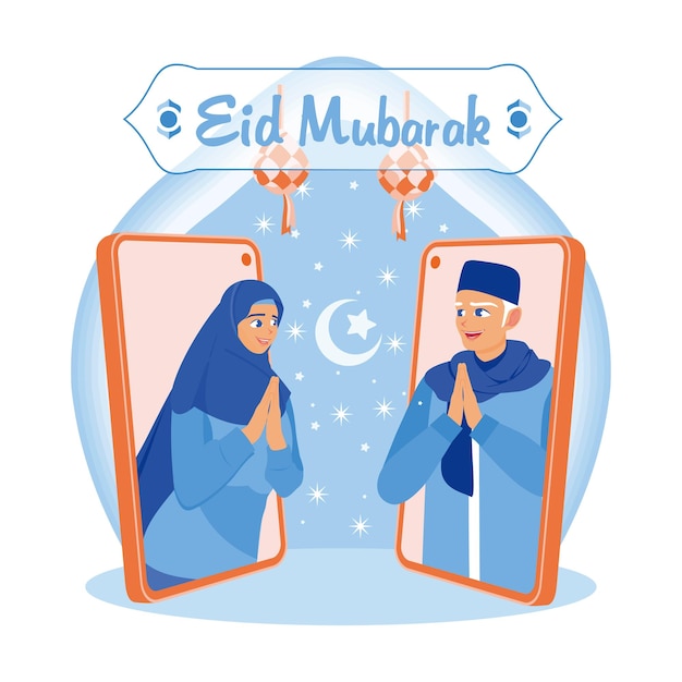 Coppia musulmana che fa una videoconferenza sullo schermo di uno smartphone Rimangete in contatto e dite i saluti di Eid al-Fitr Happy Eid Mubarak concetto Illustrazione vettoriale piatta
