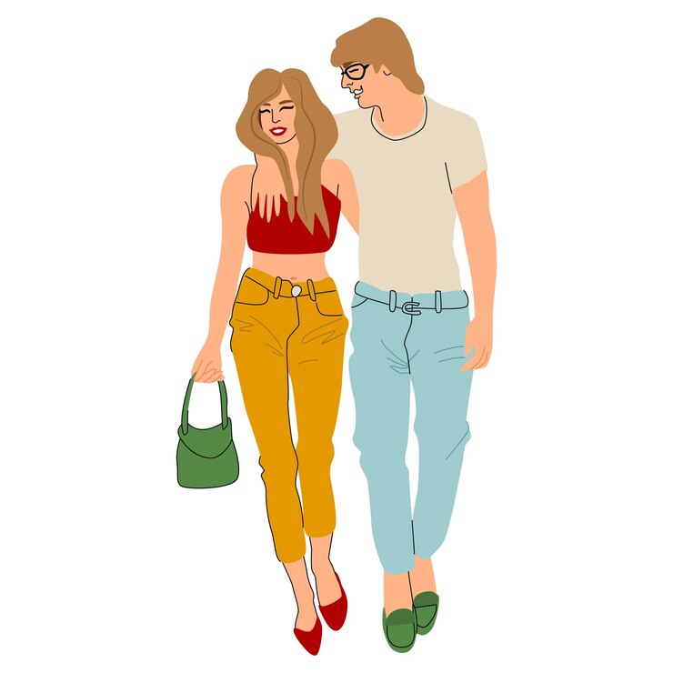 Vettore coppia romantica che cammina per le strade con le braccia intorno. uomo e donna in abiti alla moda
