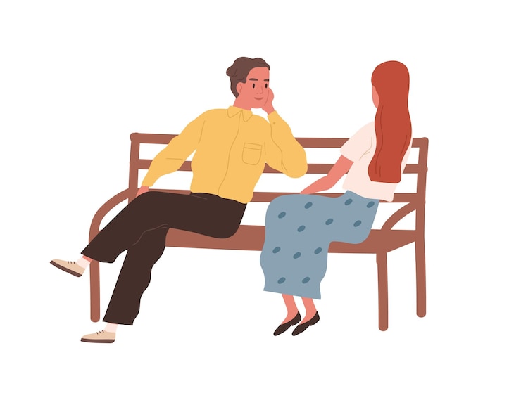 Vettore coppia romantica seduta su una panchina e parlando. uomo e donna innamorati svegli ad un appuntamento all'aperto. la giovane famiglia trascorre del tempo insieme. piatto del fumetto di vettore isolato su priorità bassa bianca.