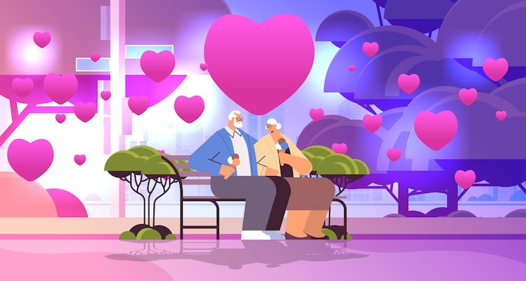 Vettore coppia senior innamorata seduta sulla panchina e mangiando gelato nonni con cuori rosa che trascorrono del tempo insieme nel parco san valentino