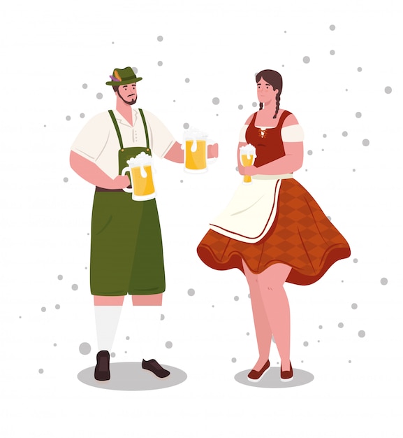 Coppia tedesco in vestito nazionale con barattoli di birra, per il disegno di illustrazione vettoriale festival oktoberfest