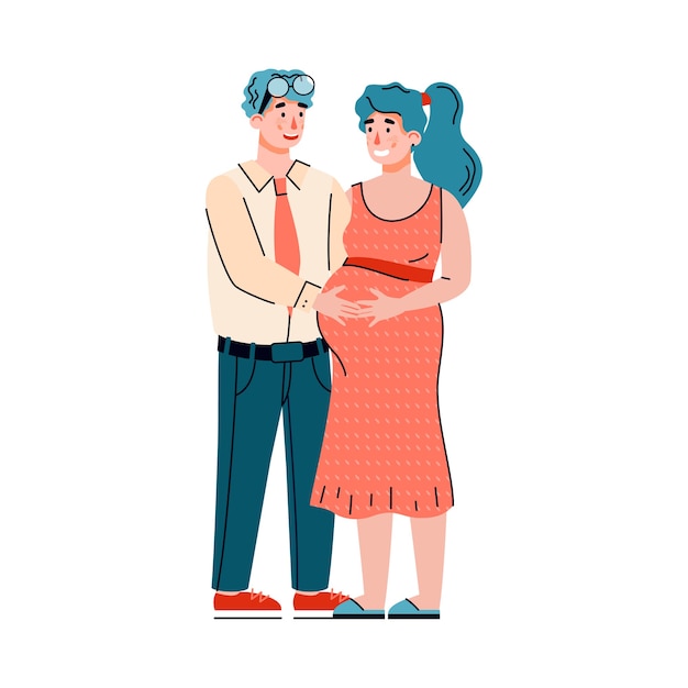 Coppie amorose felici che aspettano un bambino, illustrazione piana del fumetto isolata.