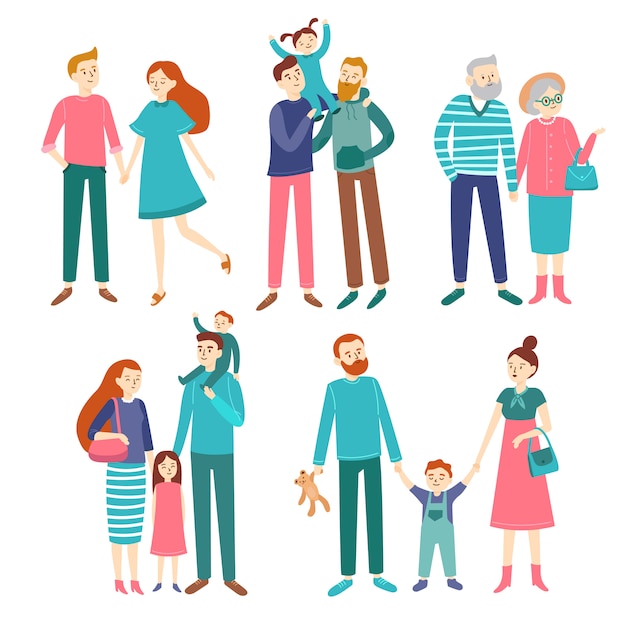Coppie di famiglia. Padre e madre con figli, fratello e sorella.