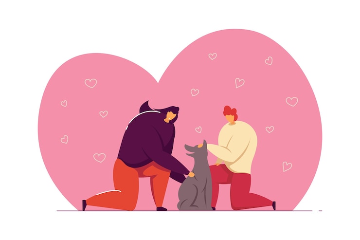 Vettore coppie felici che amano e accarezzano il loro cane. famiglia, amanti dei cani, illustrazione vettoriale piatto animale con cuore sullo sfondo. proprietari di animali domestici, concetto di amore per banner, progettazione di siti web o pagina web di destinazione
