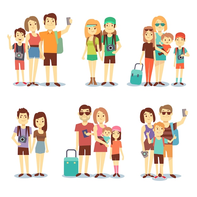 Coppie felici, famiglia, persone, turisti vector personaggi dei cartoni animati in viaggio. Viaggio in famiglia,