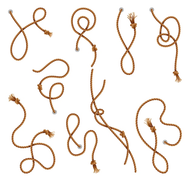 Corde annodate con fiocchi e buchi impostate Corda curva del nodo Marino Fiocchi di tenda elementi di corda realistici Anelli contorti marini isolati Illustrazione vettoriale