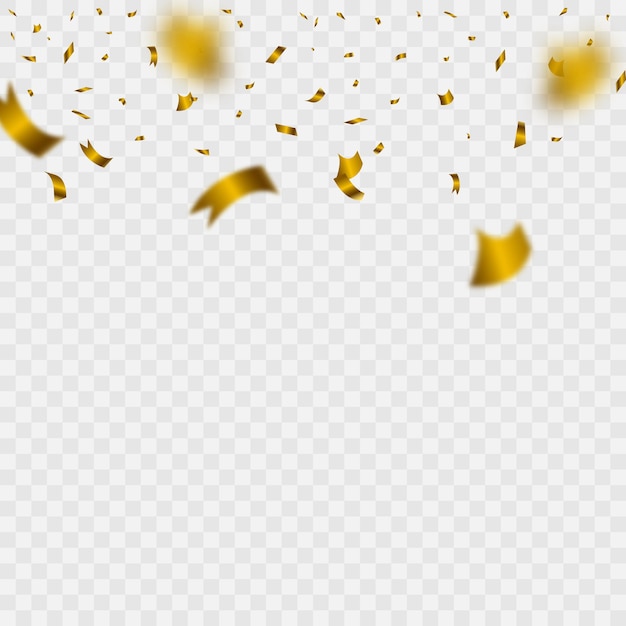 Coriandoli d'oro cade coriandoli streamer tinsel su uno sfondo trasparente per design e congratu